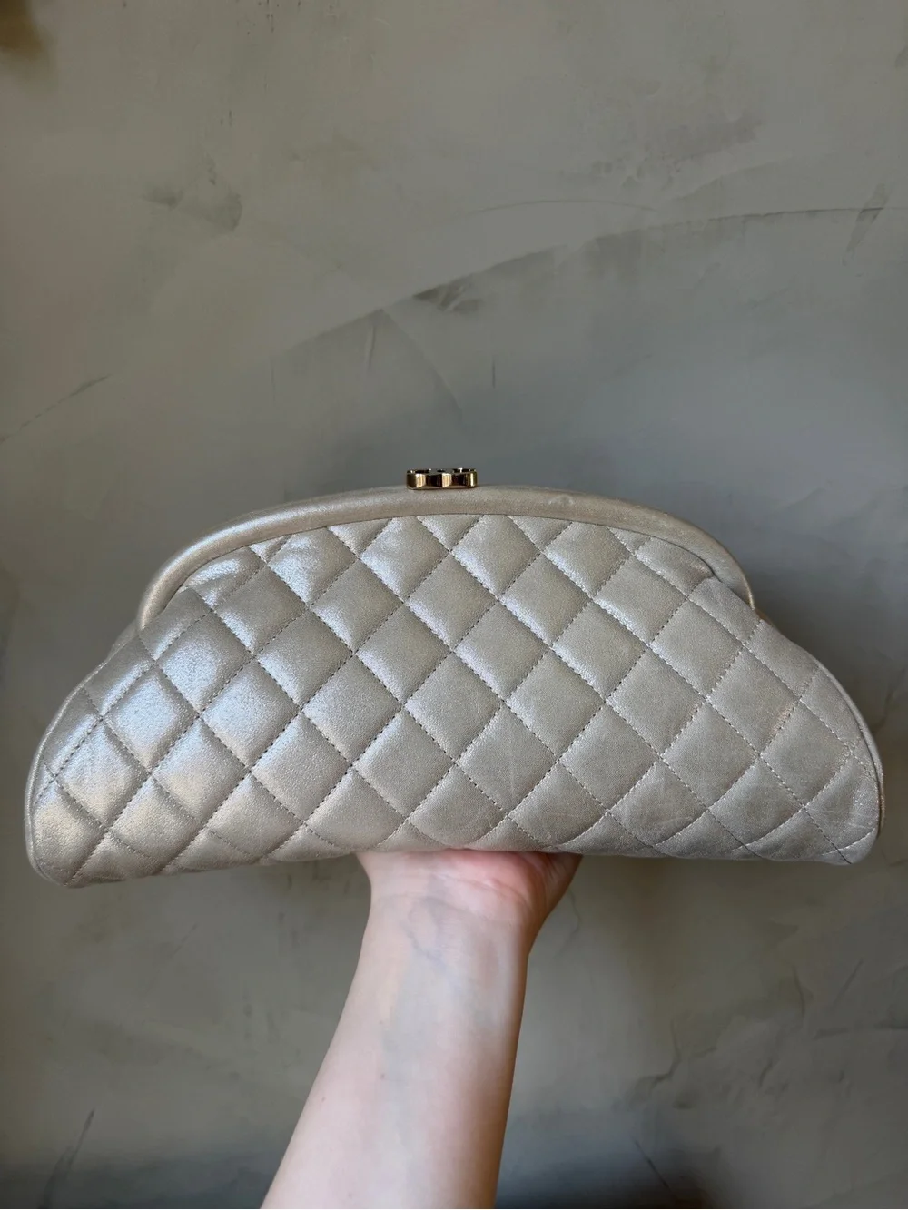 Chanel 12C Iridescent Light Gold Quilted Calfskin Timeless Kisslock CC Clutch